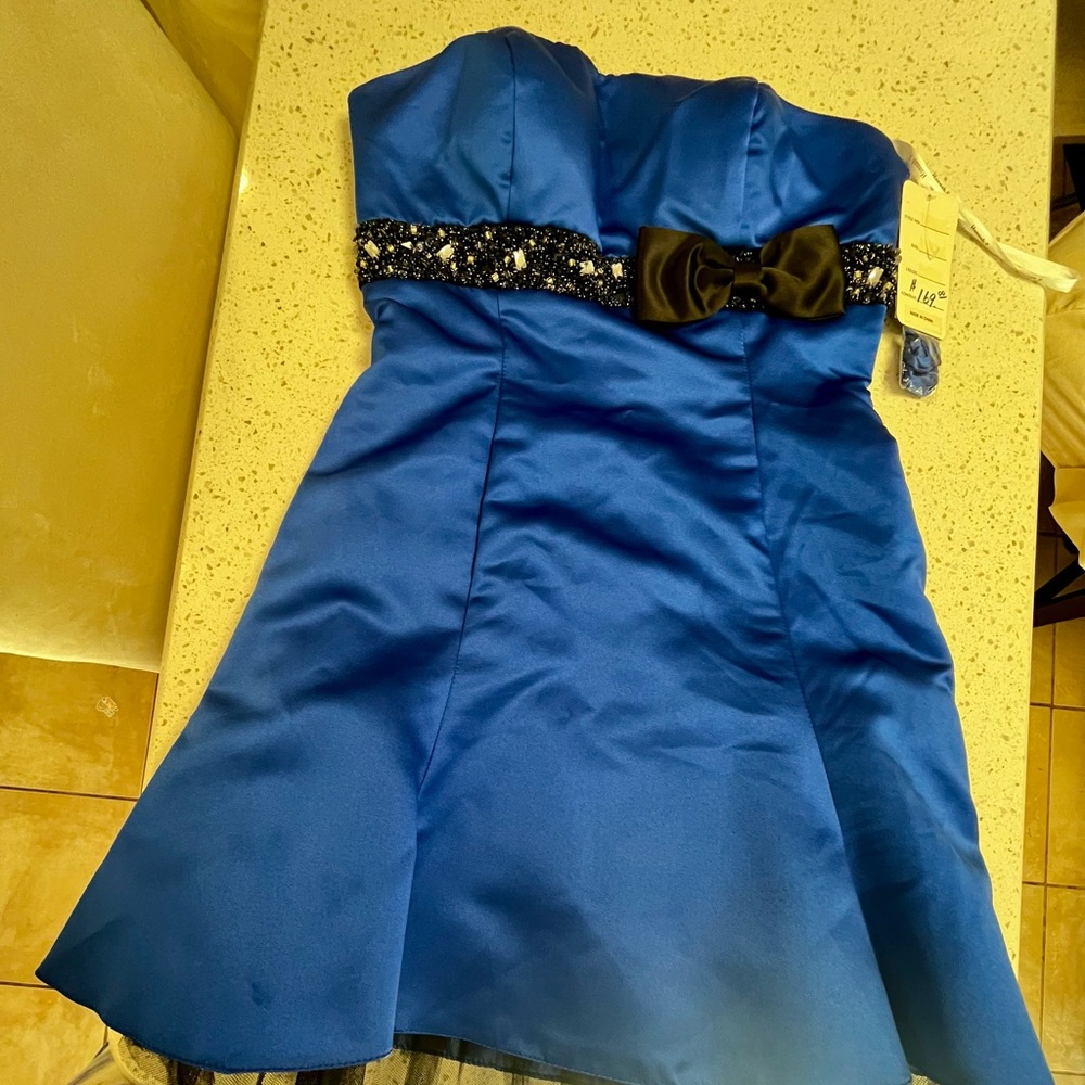 Hannah Blue Strapless Dress‎ with Black Bow